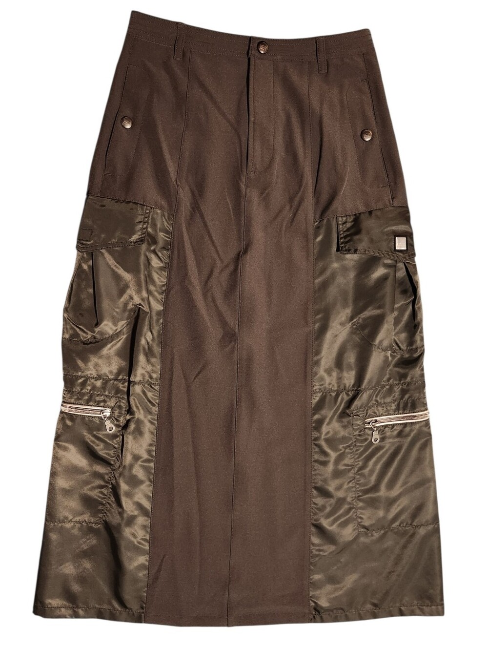 Marithe Francois Girbaud MFG Dark Olive Green Brown Cargo Maxi Skirt 10 Vtg Y2k